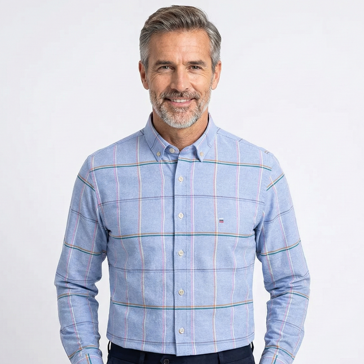 Camisa Hombre a Cuadros Azul Manga Larga 100% Algodón Casual