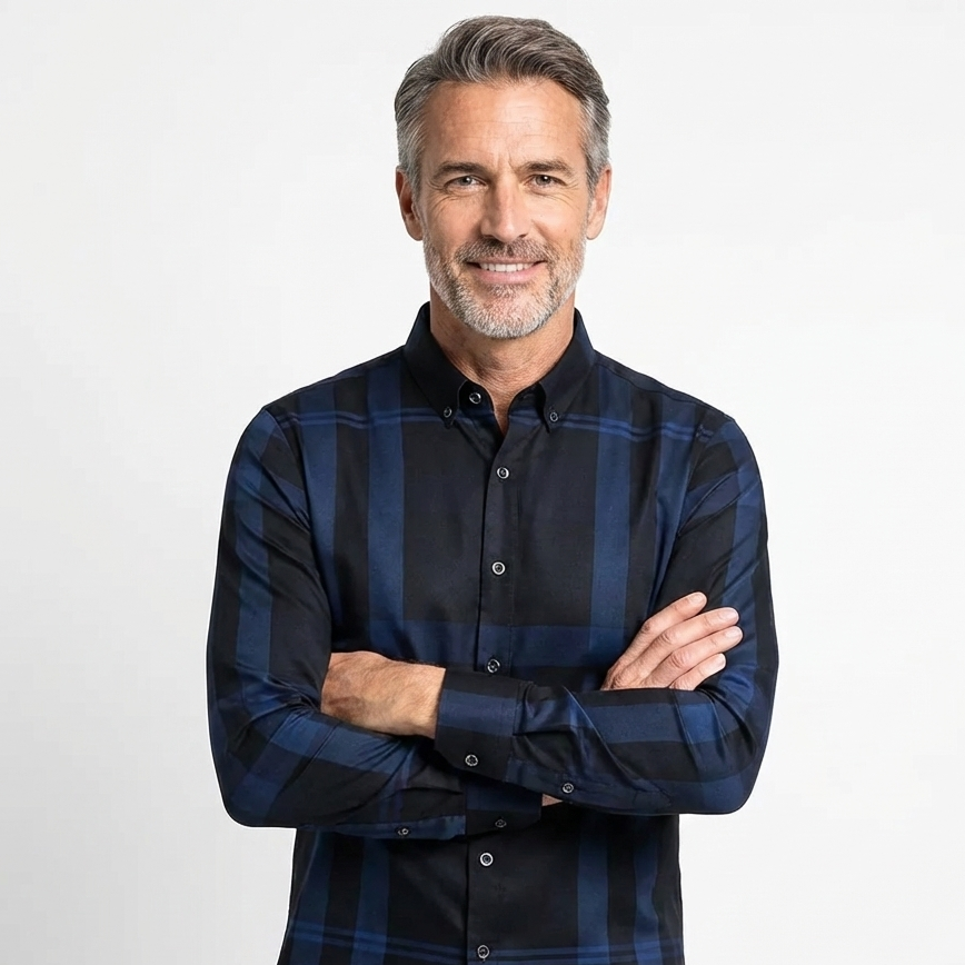 Camisa Hombre a Cuadros de Seda Casual Areco Manga Larga con Botones