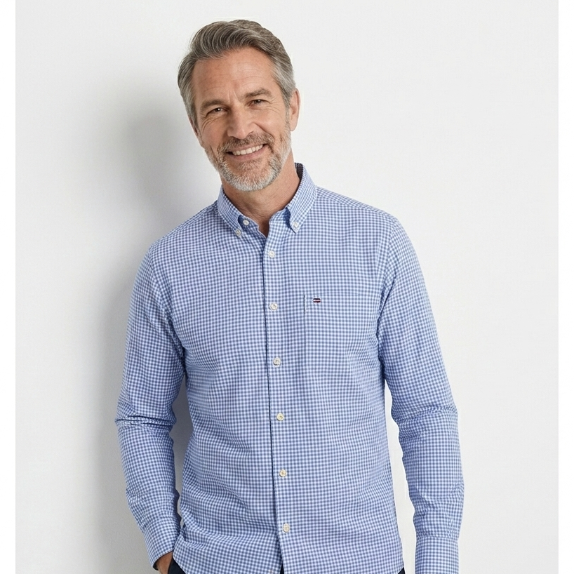 Camisa Hombre Mini Cuadros Manga Larga 100% Algodón Mendoza