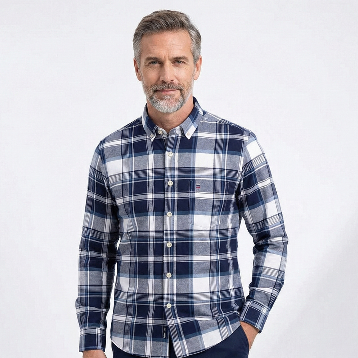Camisa Hombre a Cuadros Manga Larga 100% Algodón Bolsillo Frontal