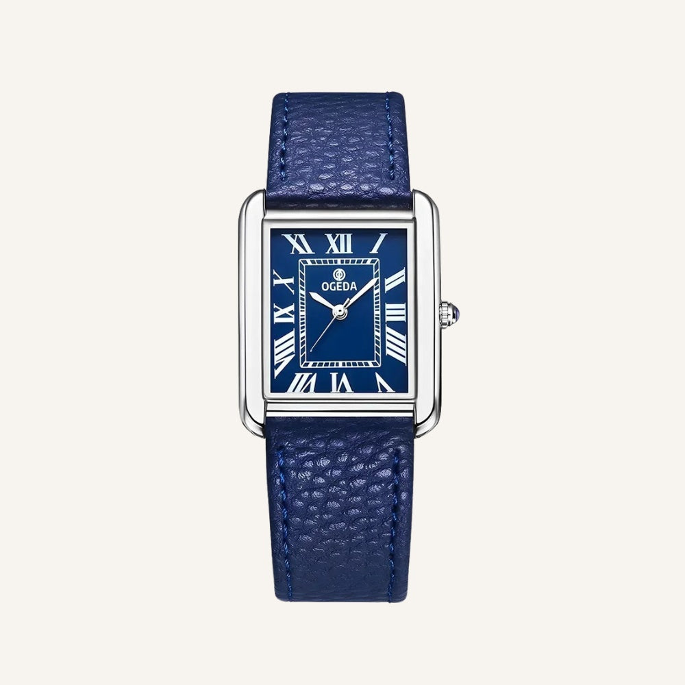 Reloj Hombre de Cuero Rectangular Azul Cuarzo Elegante