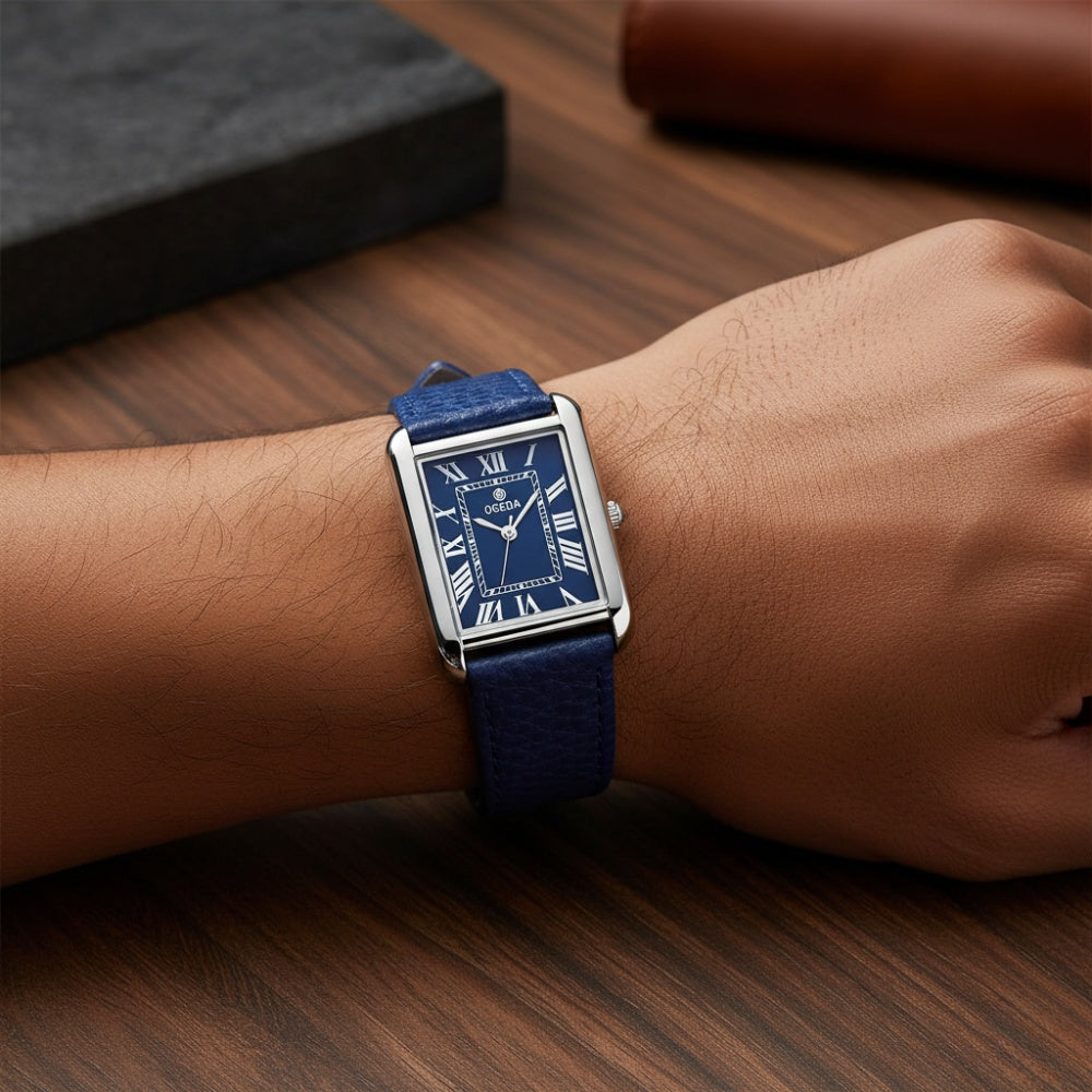 Reloj Hombre de Cuero Rectangular Azul Cuarzo Elegante - foto 3