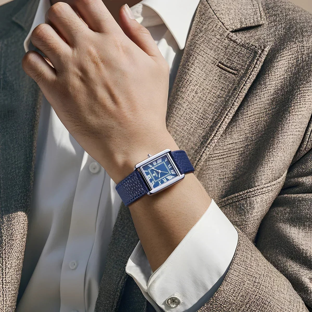 Reloj Hombre de Cuero Rectangular Azul Cuarzo Elegante - foto 4
