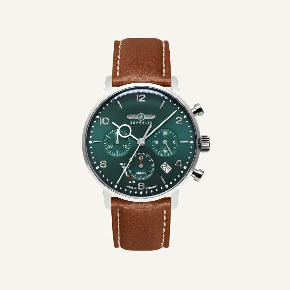 Reloj Hombre Zeppelin Verde Cronógrafo 41mm Cuero y Acero