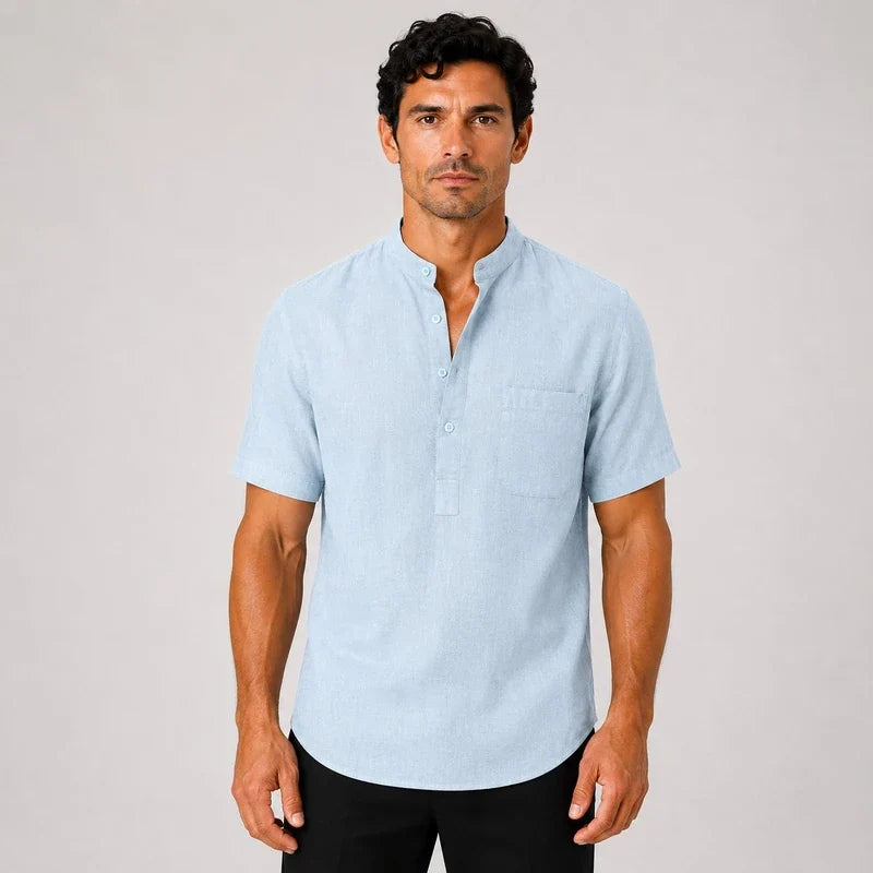 Camisa de Lino Hombre Cuello Henley con Bolsillo Manga Corta Taormina - foto 4