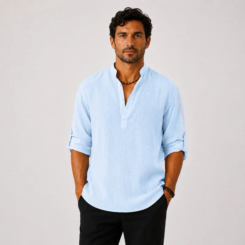 Camisa de Lino Hombre Cuello Alto Manga Larga Loose Fit Purmamarca - foto 5
