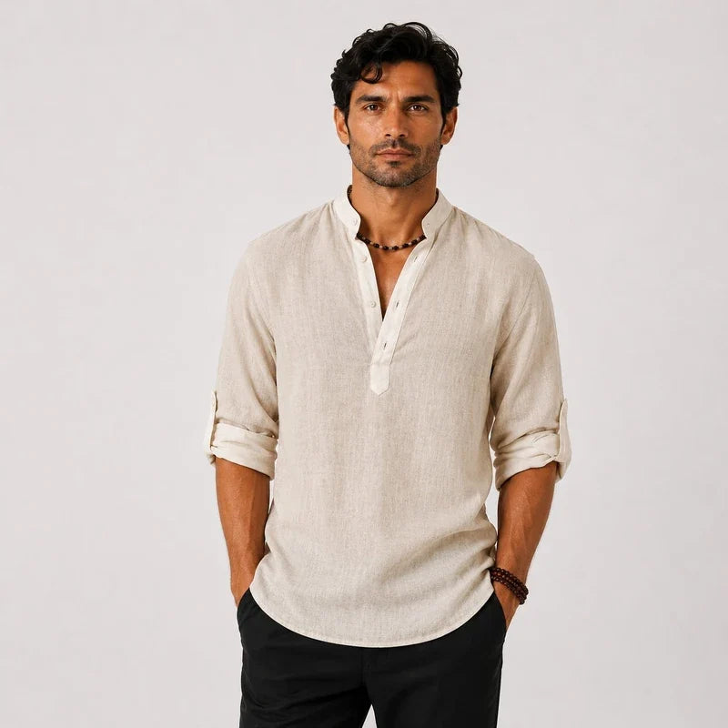 Camisa de Lino Hombre Cuello Alto Manga Larga Loose Fit Purmamarca