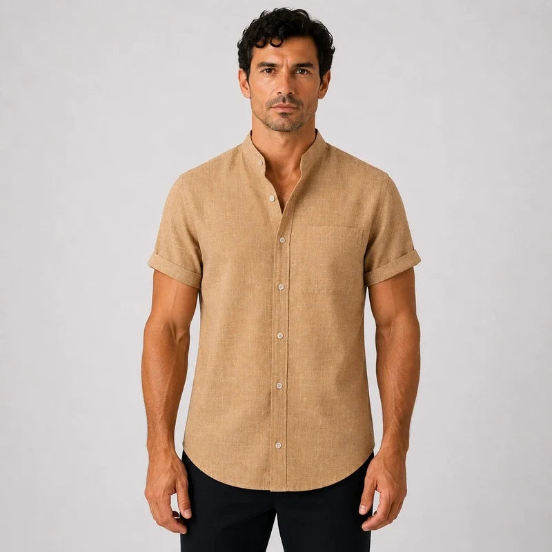 Camisa Hombre 100% Lino Cuello Mao Manga Corta Salta