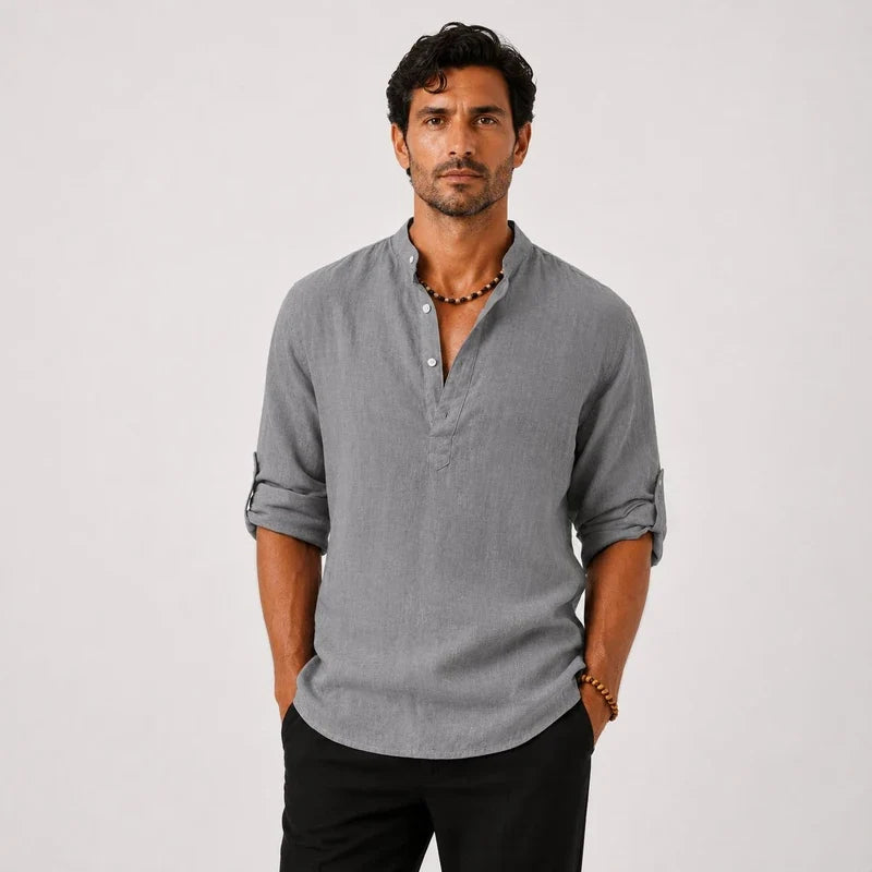 Camisa de Lino Hombre Cuello Alto Manga Larga Loose Fit Purmamarca - foto 3