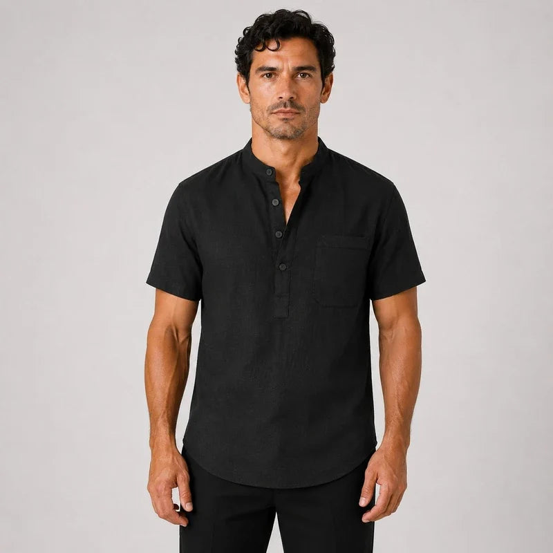 Camisa de Lino Hombre Cuello Henley con Bolsillo Manga Corta Taormina