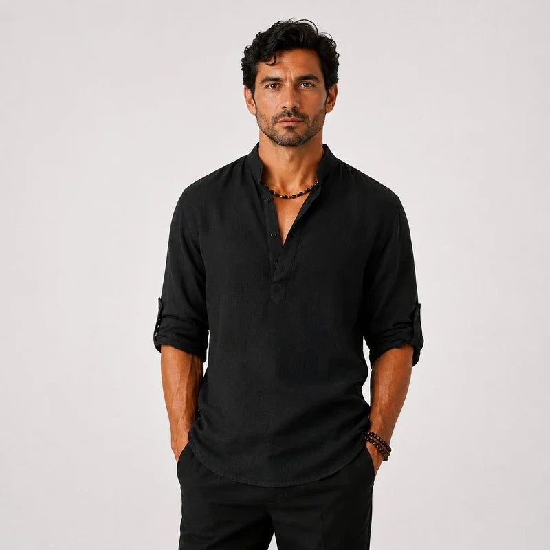 Camisa de Lino Hombre Cuello Alto Manga Larga Loose Fit Purmamarca - foto 4