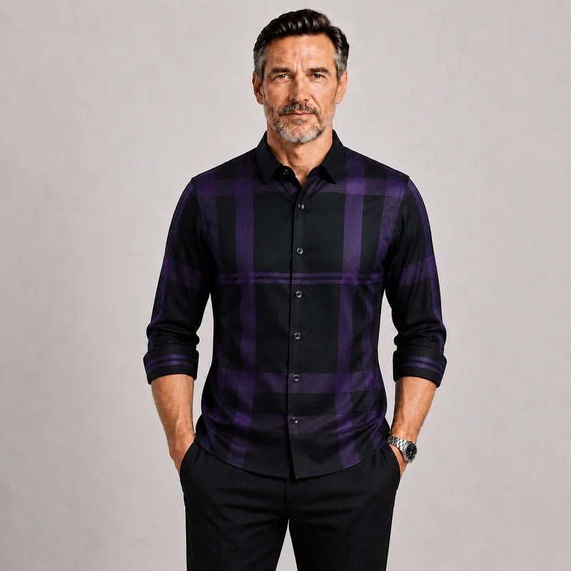 Camisa Hombre a Cuadros de Seda Casual Areco Manga Larga con Botones - foto 2