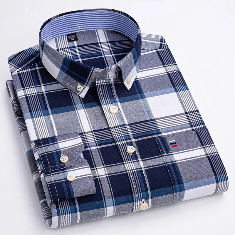 Camisa Hombre a Cuadros Manga Larga 100% Algodón Bolsillo Frontal - foto 2